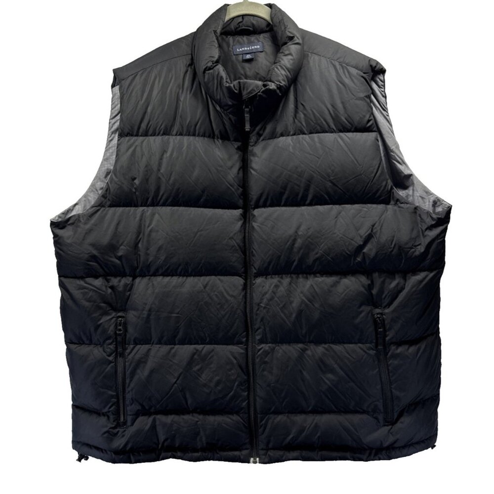Lands End Men's Puffer Vest XXL 50 52 Solid Black Quilted Inside Outside Pockets